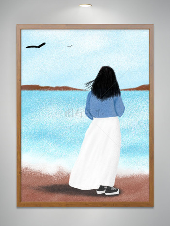 海边看海的少女手绘