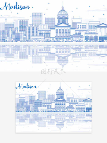 创意蓝色线条手绘高楼建筑倒影插画