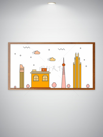 简约创意手绘卡通城市地标风光建筑插画