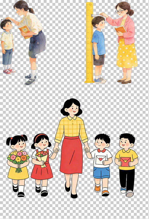 卡通手绘师生测量身高手拉手互动场景插画