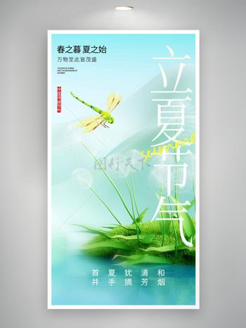 简约大气背景绿草地蜻蜓飞舞立夏节气海报