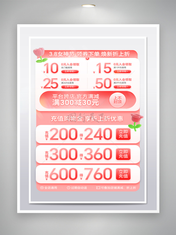 妇女节粉色主题促销活动红包优惠券模板
