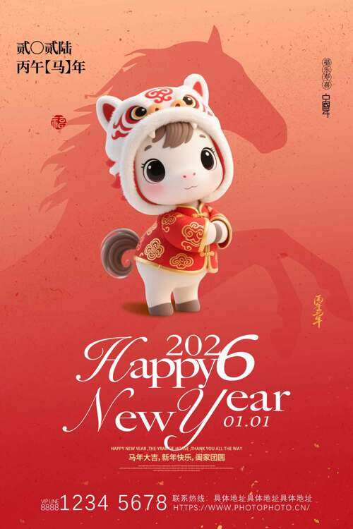 卡通立体小马插画红色主题新年节日海报