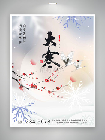温馨简约背景梅花雪花图案大寒节气海报